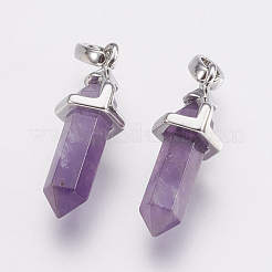 真鍮製の天然アメジストダブルエンドポイントペンダント  弾丸  プラチナ  17~20x7x6.5mm  穴：2x4mm&nbsp;KK-G343-11L-06P