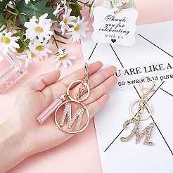2本2スタイルアロイラインストーンキーホルダーセット  カニカンとPUレザータッセル付き  アルファベット  文字.m  1個/スタイル  100mm  M：49x43.5x3mm&nbsp;KEYC-WR0001-01M