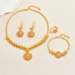 女性用ヴィンテージ合金中空フラワーブレスレット＆イヤリング＆ネックレス＆リングセット  ゴールドカラー  ネックレス：18.90インチ（48cm）&nbsp;AC4894