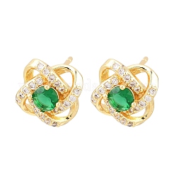 真鍮製 マイクロパヴェ キュービックジルコニア スタッドピアス 女性用  花  カドミウムフリー＆鉛フリー  長持ちメッキ  ラックめっき  18KGP本金メッキ  グリーン  10x10mm&nbsp;KK-A305-10G-02