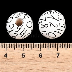 プリントウッドヨーロピアンビーズ  数字の模様の丸  大穴ビーズ  ホワイト  15~15.5x14.5~15mm  穴：4.5mm&nbsp;WOOD-G029-01
