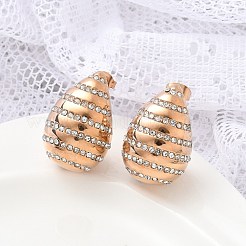 304ステンレススチールティアドロップスタッドピアス  ラインストーン付き  ローズゴールド  26.5x17.5mm&nbsp;EJEW-B108-06RG