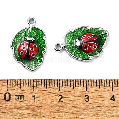 メッキ合金エナメルチャームラック  ニッケルフリー  てんとう虫チャーム付きリーフ  プラチナ  22x14.5x3.5mm  穴：1.6mm&nbsp;PALLOY-F308-08P