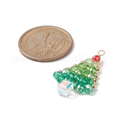 クリスマステーマのガラスシードビーズペンダント  ゴールデン真鍮パーツ  木のチャーム  ミディアムターコイズ  33x21x6mm  穴：2.3mm&nbsp;PALLOY-TA00025