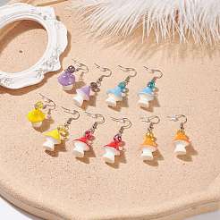 レジン マッシュルーム ガラス ダングル イヤリング  女性用316サージカルステンレスジュエリー  ミックスカラー  60.5mm  ピン：0.7mm&nbsp;EJEW-JE04995