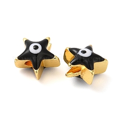 金色のトーン真鍮エナメルビーズ  カドミウムフリー＆鉛フリー  長持ちメッキ  ナザールボンジュウ付きスター  ブラック  8x8x5mm  穴：1.4mm&nbsp;KK-E048-03G-08