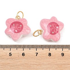 印刷された不透明なアクリルパーツ  ステンレス鋼ループ付き  ゴールドカラー  花のチャーム  21x20.5x9.5mm  丸カン：7x0.7ミリ  内径：5.7mm&nbsp;SACR-P036-01E-G