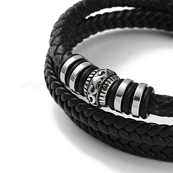 男性用編み込みブラックPUレザーコードマルチ連ブレスレット  リング 201 ステンレススチール リンク ブレスレット、304 ステンレススチール マグネット留め金付き  アンティークシルバー  8-3/4インチ（22.2cm）&nbsp;BJEW-K243-09AS