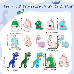 30本15スタイルアロイエナメルペンダント  恐竜  ミックスカラー  17~29x11.5~21x1.5~2mm  穴：1.4~2mm  2個/スタイル&nbsp;ENAM-SZ0002-84