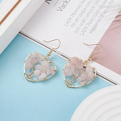 ナチュラルローズクォーツチップス編み込みハートツリーオブライフダングルピアス  女性のための真鍮ワイヤーラップジュエリー  ゴールドカラー  42mm  ピン：0.7mm&nbsp;EJEW-JE04882-01