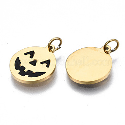 316サージカルステンレススチールエナメルチャーム  丸カン付き  ハロウィン用  ハロウィーンスタイルの笑顔でフラットラウンド  ブラック  14KGP本金メッキ  11.5x9.5x1mm  丸カン：3.4x0.5ミリ  2.4mm内径&nbsp;STAS-S116-374G