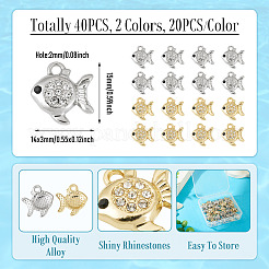 2色合金ラインストーンペンダント40個。  魚のチャーム  鉛フリー＆カドミウムフリー  プラチナ＆ライトゴールド  15x14x3mm  穴：2mm  20個/カラー&nbsp;FIND-TA0010-66