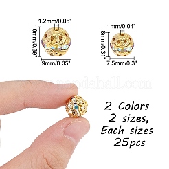 100個 4スタイル合金、ラインストーンビーズ付き  ラウンド  ゴールデン＆シルバー  8~10x7.5~9mm  穴：1~1.2mm  25個/スタイル&nbsp;RB-AR0003-15