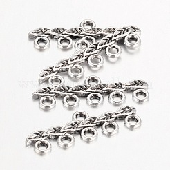 チベット風合金シャンデリアコネクターパーツ  5連レデューサーコネクタ  カドミウムフリー＆ニッケルフリー＆鉛フリー  葉  アンティークシルバー  10x26x2mm  穴：2mm&nbsp;TIBE-40098-AS-NR