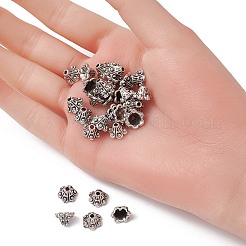 チベットスタイルの合金フラワーベル細線細工ビーズキャップ  6花びら  鉛フリー＆カドミウムフリー  アンティークシルバー  9x5.5mm  穴：2mm&nbsp;PALLOY-YW0001-79