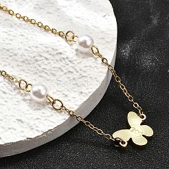 304ステンレススチール製バタフライリンクブレスレット  女性用アズキチェーンジュエリー  プラスチック製の模造パールビーズ付き  ゴールドカラー  7-1/2インチ（19cm）&nbsp;BJEW-C098-01B-G