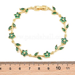 真鍮製パヴェキュービックジルコニアフラワーリンクチェーンブレスレット（女性用）  ラックめっき  長持ちメッキ  カドミウムフリー＆鉛フリー  18KGP本金メッキ  グリーン  7.44インチ（18.9cm）&nbsp;KK-CBA68DA-14G-10