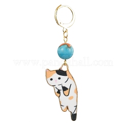 猫の形の合金エナメルペンダント装飾  亜鉛合金カニカンと合成オーシャンホワイトジェイドラウンドビーズ付き  ミックスカラー  60mm&nbsp;HJEW-JM01767