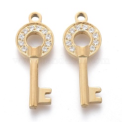 316サージカルステンレススチールマイクロパヴェクリアキュービックジルコニアペンダント  キー  ゴールドカラー  20x7.5x2.3mm  穴：1.5mm&nbsp;X-STAS-I164-031G