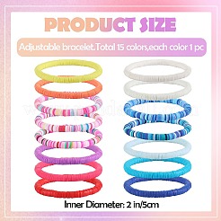 女性用ハンドメイドポリマー粘土ビーズストレッチブレスレット15個  ミックスカラー  内径：2インチ（5cm）&nbsp;BJEW-SW001597