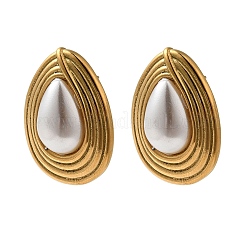 304ステンレススチールとプラスチックパールのフープピアス（女性用）  ティアドロップ  ゴールドカラー  25x18mm&nbsp;EJEW-S236-02G
