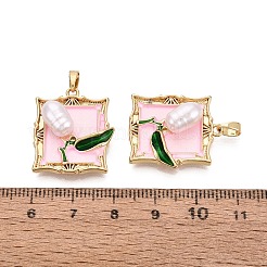 真鍮製エナメルペンダント  長方形と花のチャーム  ABSの模造パールと  18KGP本金メッキ  ミスティローズ  23.5x20x7mm  穴：5x2.5mm&nbsp;KK-SZC0009-10G-02