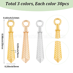90本3色合金ペンダント  コーンチャーム  ミックスカラー  25x5x5mm  穴：2.5mm  30個/カラー&nbsp;FIND-SC0025-51
