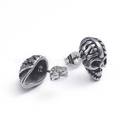 レトロ 304 ステンレス スタッド イヤリング  耳ナッツ  スカル  アンティークシルバー  13x8mm  ピン：0.6mm&nbsp;EJEW-L248-044AS