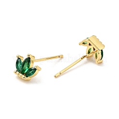 キュービックジルコニアクラウンスタッドピアス  女性のための18KGP本金メッキ真鍮ジュエリー  カドミウムフリー＆ニッケルフリー＆鉛フリー  グリーン  6.5x8mm  ピン：0.7mm&nbsp;EJEW-G297-12G-02