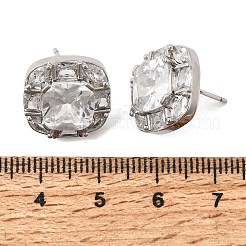 真鍮製パヴェキュービックジルコニア＆ガラススタッドピアス  正方形  ラックめっき  長持ちメッキ  カドミウムフリー＆鉛フリー  プラチナ  14.5x15mm&nbsp;EJEW-G471-03P