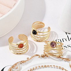 304ステンレススチール多層オープンカフリング  女性用ラウンド天然宝石リング  18KGP本金メッキ  イオンプレーティング（ip）  15mm  調整可能&nbsp;RJEW-Z078-02G