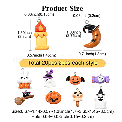 ハロウィーンテーマの不透明樹脂ペンダント20個、10スタイル  プラチナトーンの鉄ループ付き  混合図形  ミックスカラー  17~36.5x18~35x5~27mm  穴：1.5~2mm  2個/スタイル&nbsp;RESI-YW0001-86