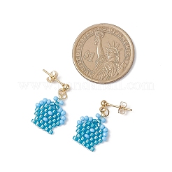 クラウンガラスシードビーズダングルスタッドピアス  金色の304ステンレス鋼のイヤリング金具付き  ディープスカイブルー  23x15mm&nbsp;EJEW-MZ00583-01