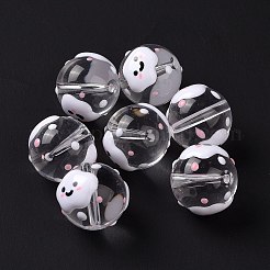 透明ガラスビーズ  手描きのビーズ  エナメル  ラウンド  ホワイト  雲模様  14~15x13~13.5mm  穴：1.5~1.6mm&nbsp;LAMP-B021-03B-11