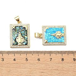 真鍮マイクロパヴェクリアキュービックジルコニアペンダント  カドミウムフリー＆鉛フリー  合成オパール付き  女神の長方形  18KGP本金メッキ  23.5x17x3mm  穴：4x3.5mm&nbsp;KK-A221-20G