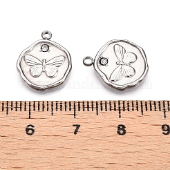 304ステンレスペンダント  クリスタルラインストーン付き  蝶とフラットラウンド  ステンレス鋼色  15x12.5x2mm  穴：1.4mm&nbsp;STAS-L022-274P