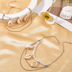 2個 2色 天然シェルチャームブレスレット  女性用プラスチックパールビーズブレスレット  合金多層アズキチェーン付き  プラチナ·ゴールデン  8-3/4インチ（22.3cm）  1pc /カラー&nbsp;BJEW-CY0001-04