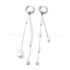 女性用304ステンレススチール＆ガラスパールタッセルフープピアス  ナゲット  左右  ステンレス鋼色  108ミリ＆105.5mm&nbsp;EJEW-G463-01P