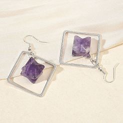 ひし形真鍮ダングルイヤリング  天然アメジストと  長持ちメッキ  プラチナ  60x40mm&nbsp;EJEW-D360-01P-01