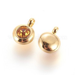 304ステンレススチールラインストーンチャーム  11月の誕生石チャーム  フラットラウンド  トパーズ  9.3x6.5x4mm  穴：2mm&nbsp;STAS-P237-10G-09