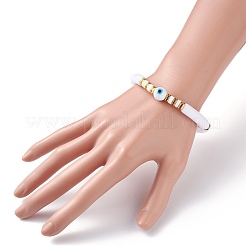 ナザールボンジュウランプワークビーズストレッチブレスレット  分厚いチューブビーズブレスレット  女性用ポリマークレイビーズ＆合成ヘマタイト＆アクリルブレスレット  ホワイト  ホワイト  内径：2-1/8インチ（5.4cm）&nbsp;BJEW-JB07222-02