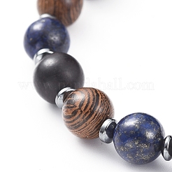 天然石ストレッチブレスレット  非磁性合成ヘマタイトビーズとウッドビーズ  ラウンド＆アバカス  2インチ（5.2cm）&nbsp;BJEW-JB04813