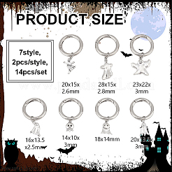 ハロウィンテーマ合金靴チャーム14個  合金スプリングゲートリング付き  ゴースト  プラチナ  43~59mm  14個/セット&nbsp;HJEW-GO00044