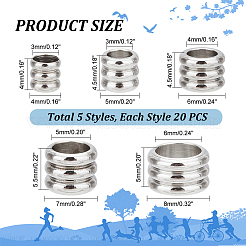 100個5スタイル202ステンレススチールビーズ  溝付き柱  ステンレス鋼色  4~8x4~5mm  穴：3~6mm  20個/スタイル&nbsp;STAS-PH0005-16