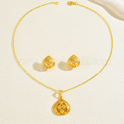 女性用真鍮ティアドロップ型フラワーペンダントネックレス＆スタッドピアスセット  18KGP本金メッキ  ネックレス：17.32インチ（44cm）&nbsp;WB6446