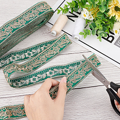 エスニック風刺繍ポリエステルリボン  ジャカードリボン  服飾材料  花柄  シーグリーン  1-1/8インチ（30mm）&nbsp;OCOR-WH0060-33A