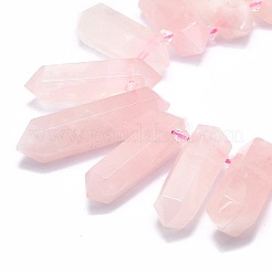 天然石ローズクォーツビーズ連売り  多面カット  二重終端尖頭/弾丸  25~63x13~16x11~13.5mm  穴：1.6mm  約21~22個/連  15.55インチ（39.5cm）&nbsp;G-F715-053