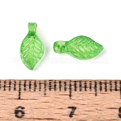 透明なプラスチックチャーム  葉  ライムグリーン  10~10.5x5x3.5mm  穴：1.5mm  約8333個/500g&nbsp;KY-N025-09-1