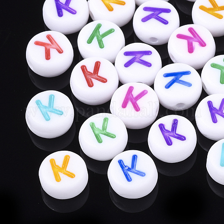 初期のアクリルビーズ  水平穴  フラットラウンド  ミックスカラー  文字.k  7x3.5~4mm  穴：1.2mm  約3700個/500g&nbsp;OACR-E001-20K-1