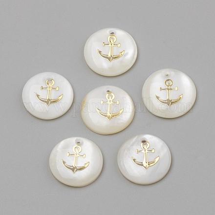 淡水シェルペンダント  フラットラウンド＆アンカー  ゴールドカラー  16x3.5~4mm  穴：1.2mm&nbsp;SHEL-Q010-006G-1
